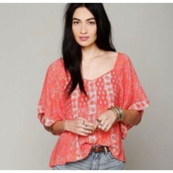 Free People Mixed Bandana Print Blouse Top Grapefruit Pink Flowy Boho Size M - Picture 1 of 9